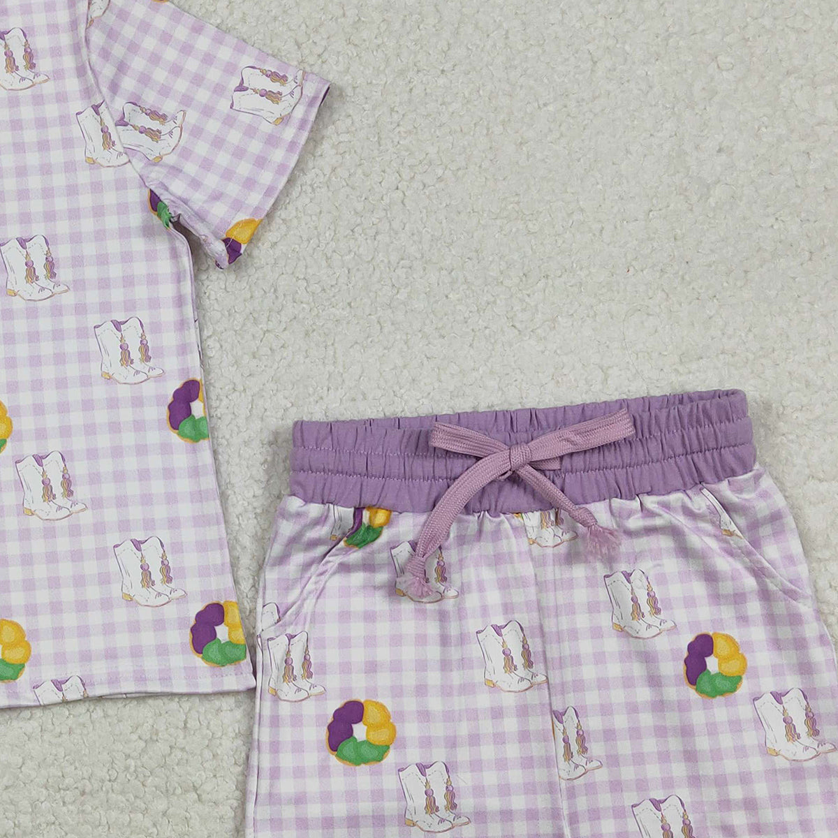 12.9 RTS NO MOQ （In stock）GSSO2740 Baby Girls Mardigras Boot Donuts Checked Top Pockets Shorts Clothes Sets