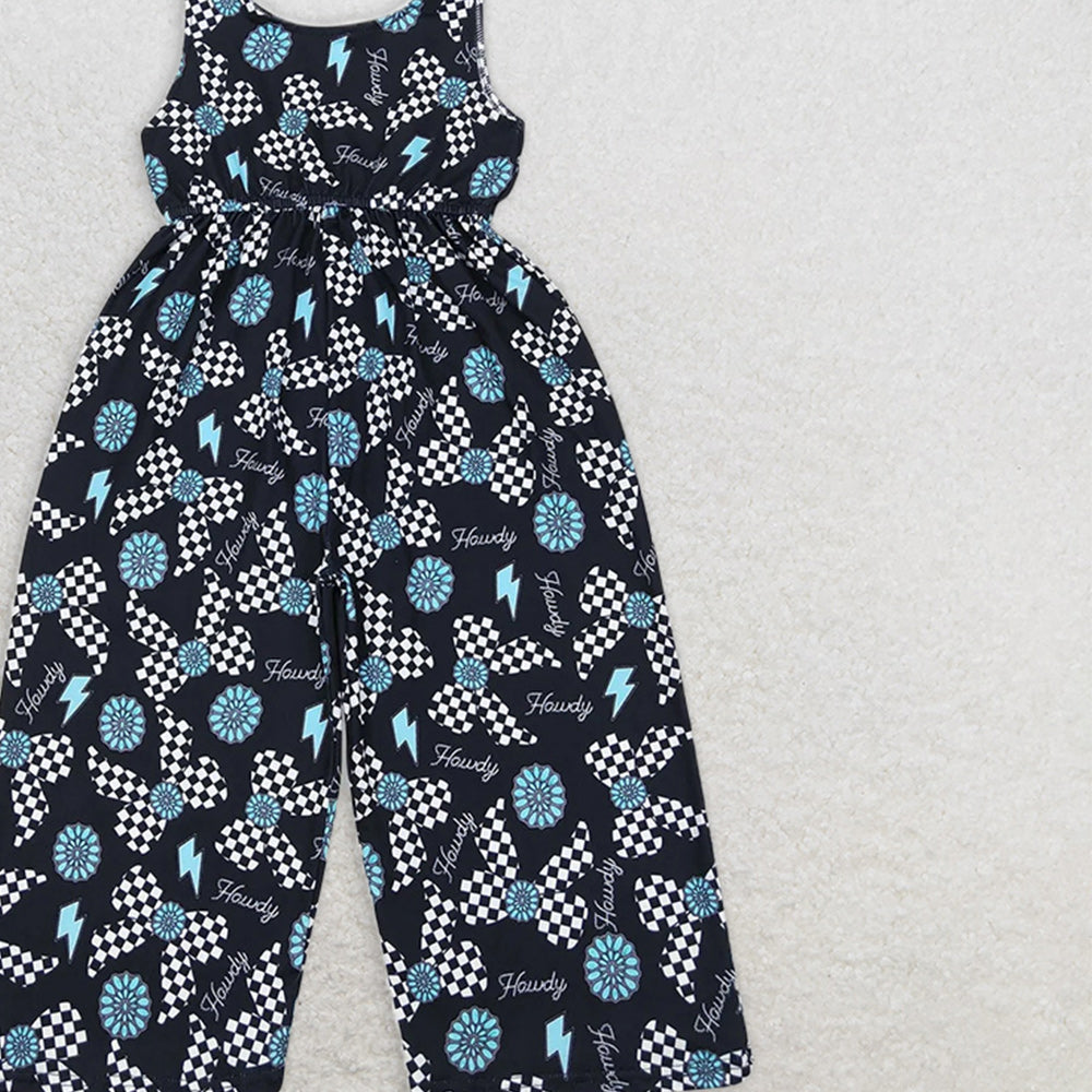 SR2466RTS NO MOQ Baby Girls Summer Jumpsuits Trendy Straps Turquoise Bow Howdy Western Jumpsuit for Fashionable Girls