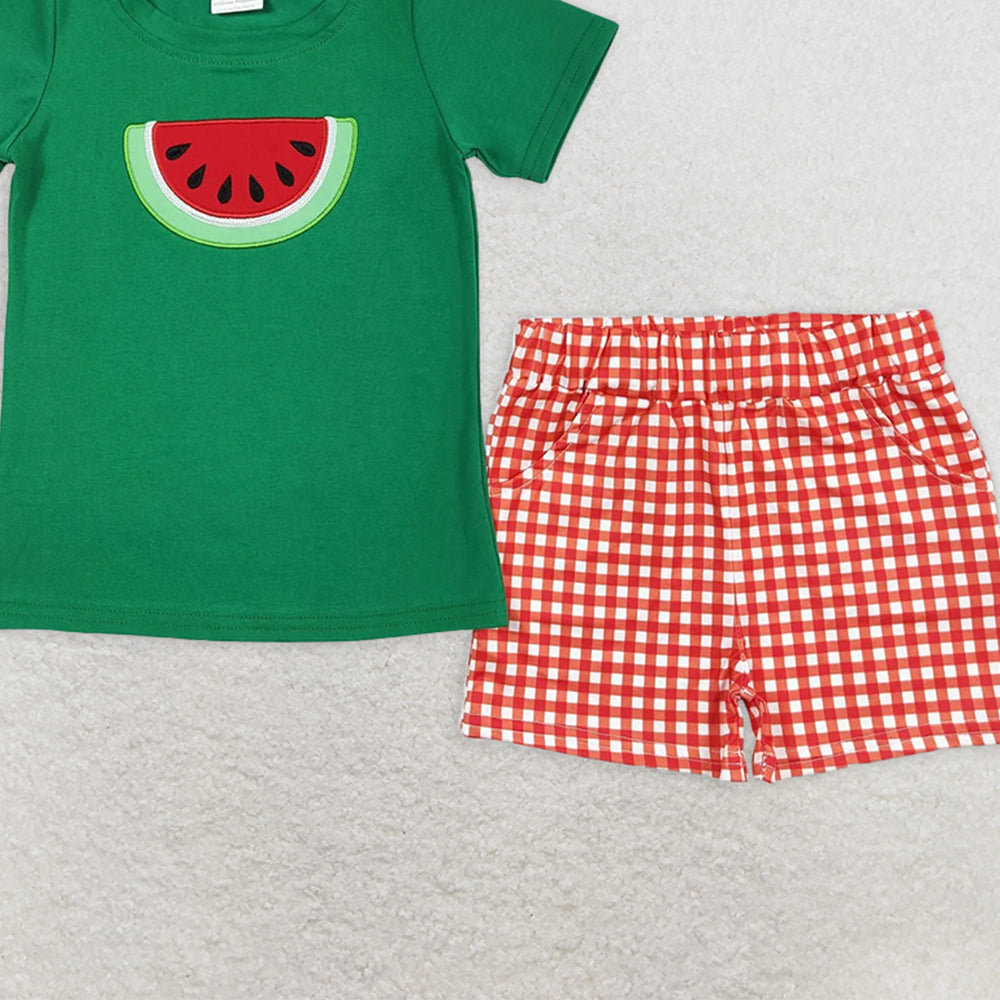 BSSO0345RTS NO MOQ Baby Boys Summer Boys Outfits  Baby Boys Watermelon Short Tee Summer Shirts Checkered Shorts Clothes Sets