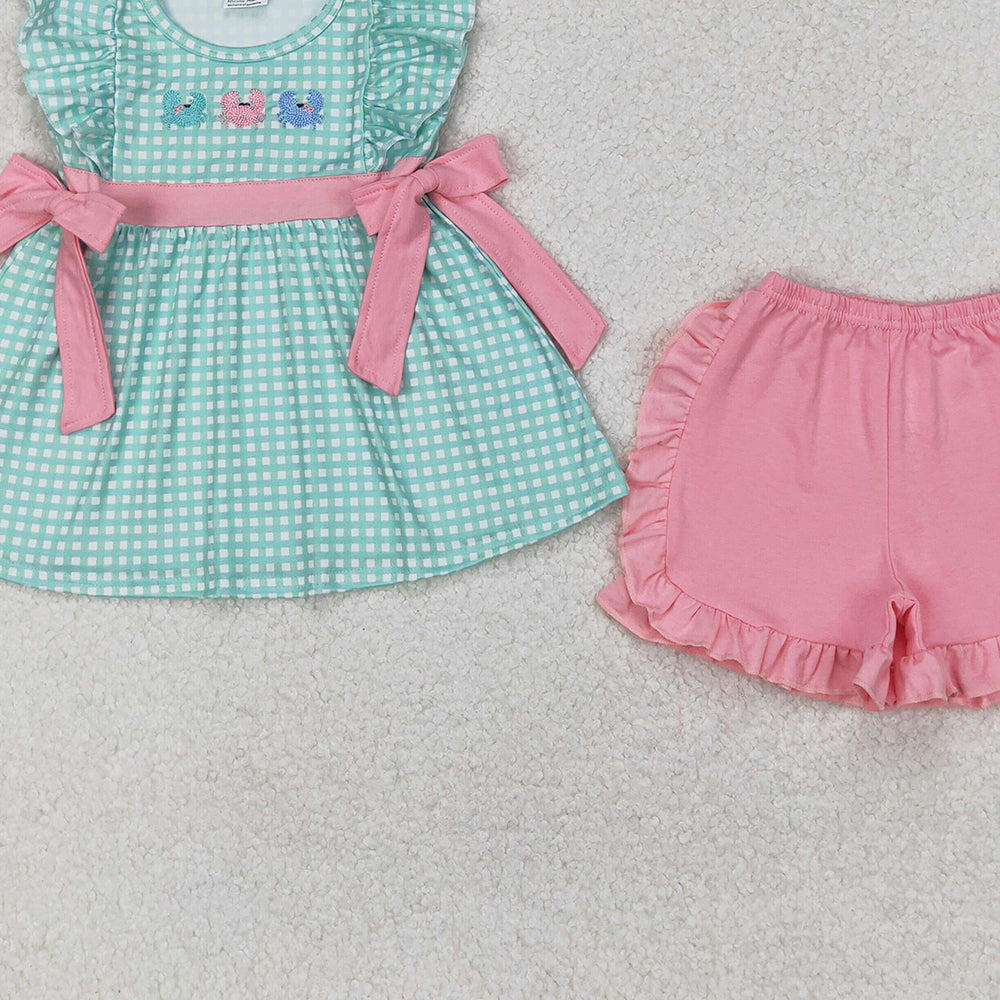 6.13  GSSO2017 RTS NO MOQ Baby Girls Summer Outfits Flutter sleeves plaid crab tunic pink shorts girls clothes