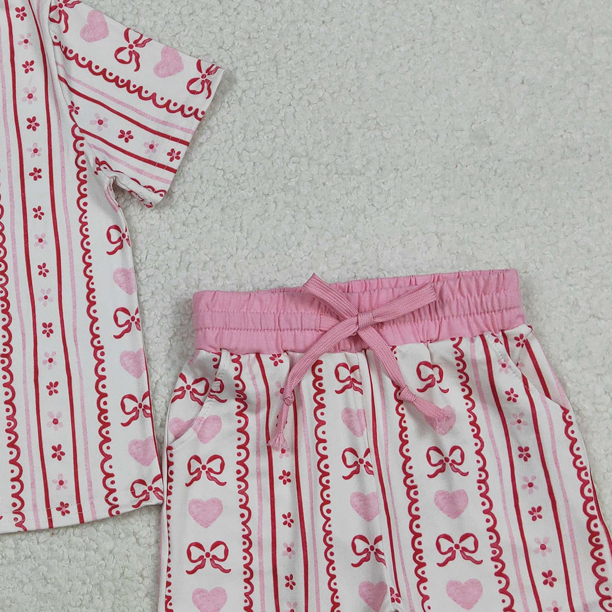 12.10 RTS NO MOQ （In stock）GSSO2738 Baby Girls Pink Bows Hearts Stripe Top Pockets Shorts Valentines Clothes Sets