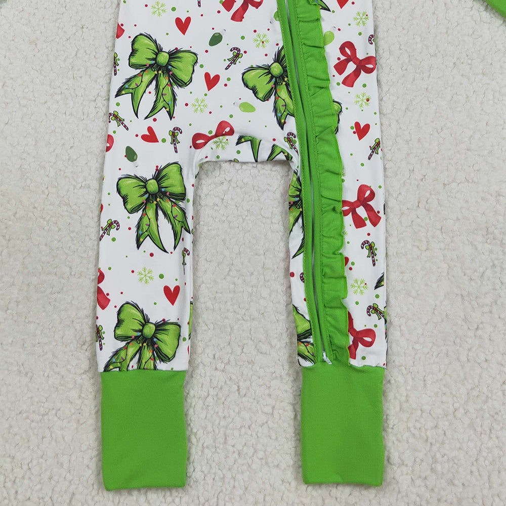 8.21 RTS NO MOQ （In stock）LR2482 Baby Girls Winter Rompers Baby Girls Green Red Bows Hearts Christmas Ruffle Zipper Footie Rompers