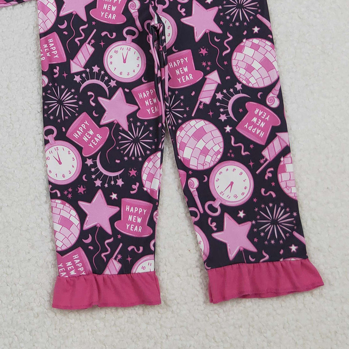 10.17 RTS NO MOQ （In stock）GLP2771 Baby Girls Hot Pink Happy New Year Button Top Pant Pajamas Sets