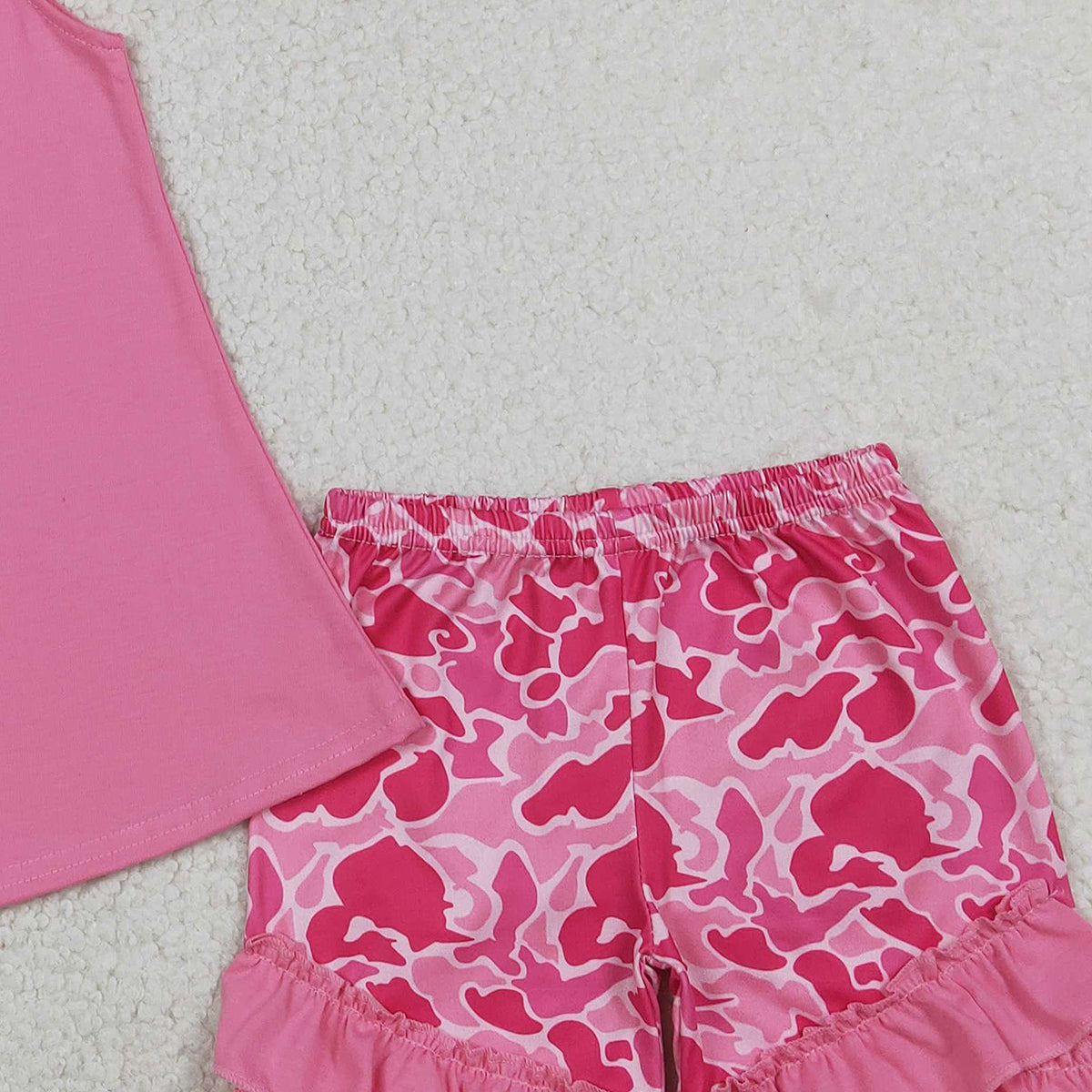 1.14 RTS NO MOQ （In stock）GSSO3002 Embroidery Pink Camo Boxes Baby Girls Tunic Ruffle Shorts Hunting Clothes Sets