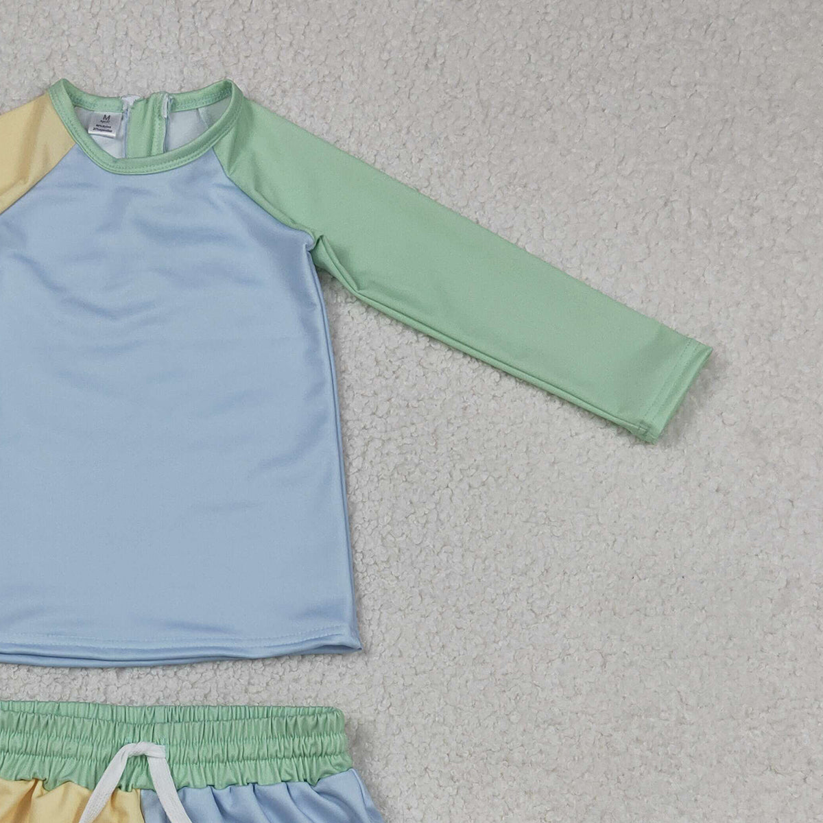 3.21 RTS NO MOQ （In stock）S0634 Kids Clothing for Baby Boys Long Sleeve Yellow Aqua Blue Shirts Top Shorts Swimsuits