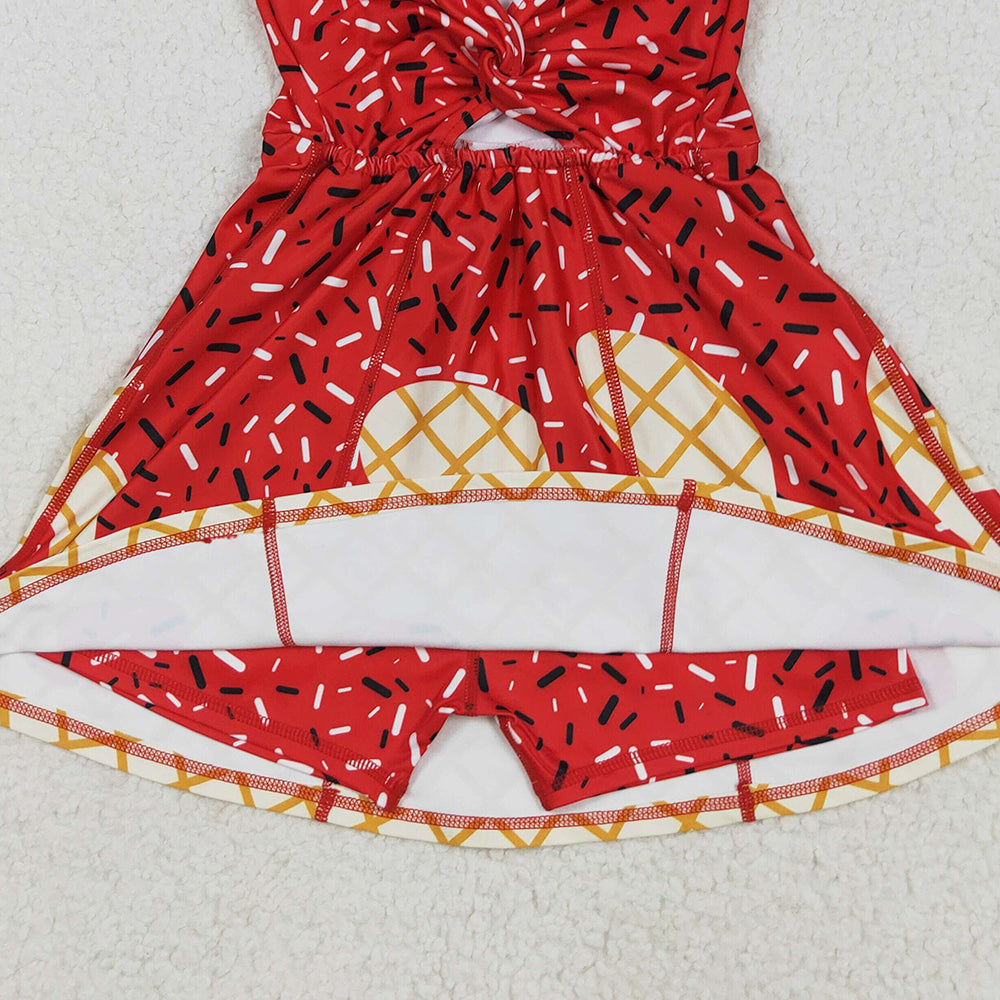 RTS NO MOQ （In stock）GSD2748 Baby Girls Summer Yoga Dress Baby Girls Red Drip Sleeveless Shorts Team Yoga Active Knee Length Dresses