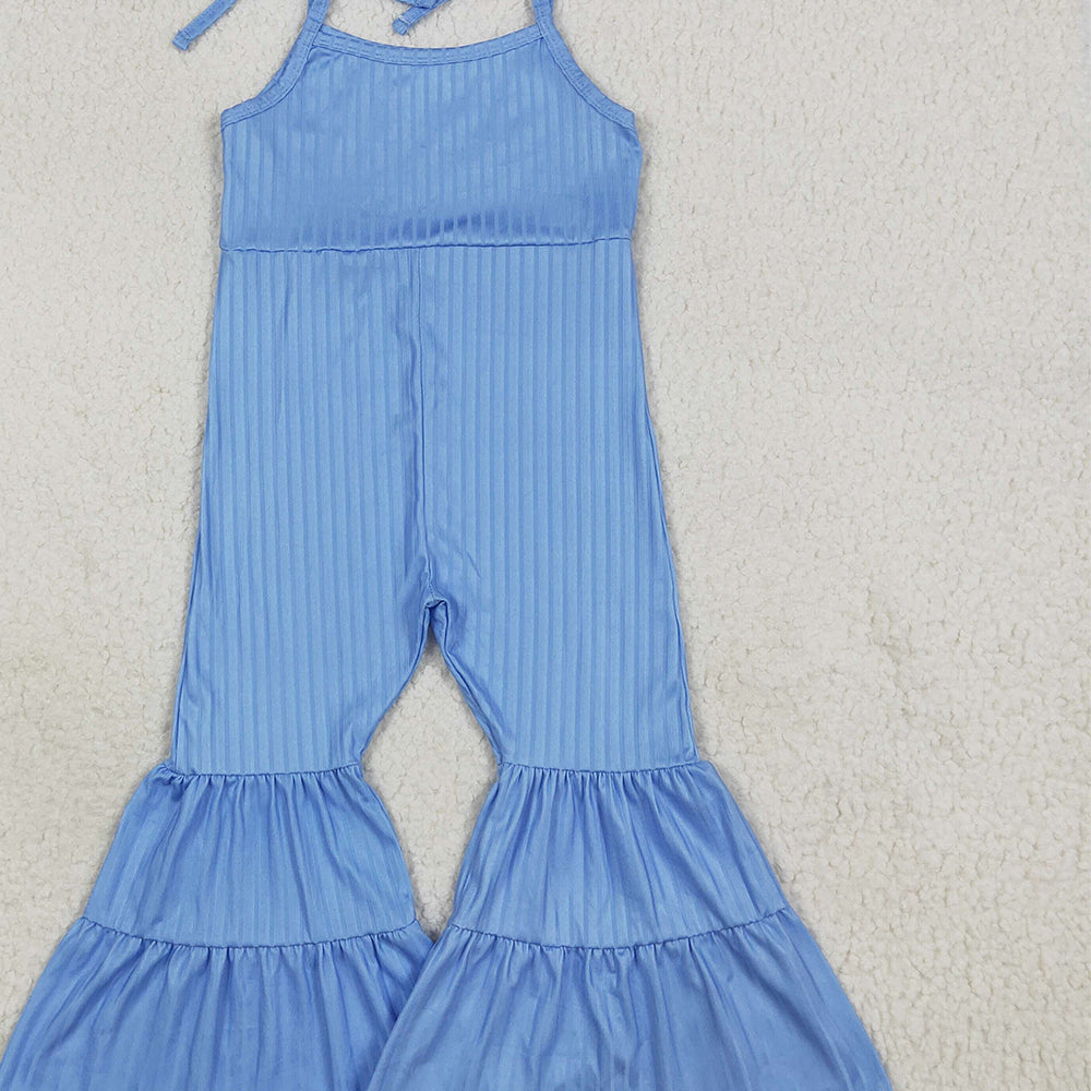 RTS NO MOQ （In stock）SR3159 Baby Girls Summer Jumpsuits Baby Girls Blue Strap Bell Bottom Ribbed Jumpsuits