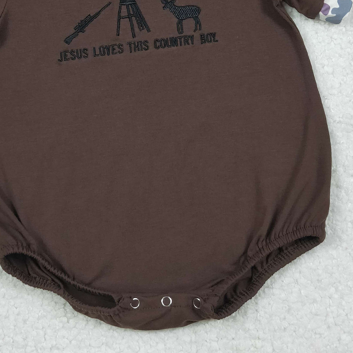 11.12 RTS NO MOQ （In stock）SR3280 Baby Boys Summer Rompers Embroidery Jesus Love Me Deer Baby Boys Hunting Rompers