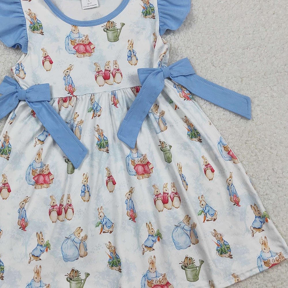 1.28 RTS NO MOQ （In stock）GSD3452 Baby Girls Flutter Sleeve Rabbits Bows Easter Knee Length Dresses