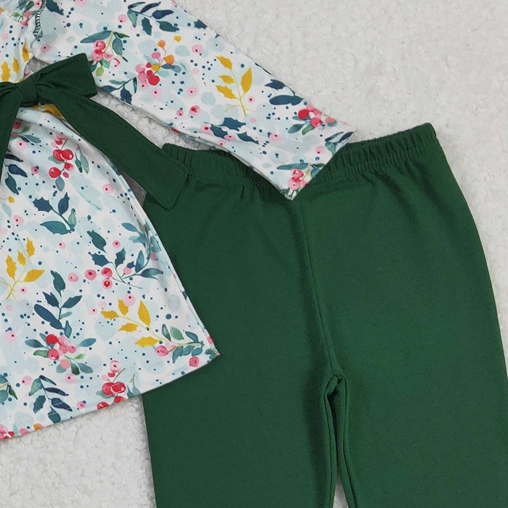 10.10 RTS NO MOQ （In stock）GLP2476 Baby Girls Winter Outfits Baby Girls Green Leaves Bows Tunic Leggings Pants Clothes Sets