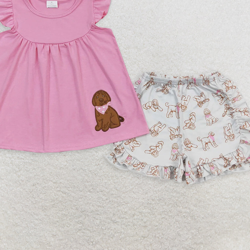 GSSO0581RTS NO MOQ  Baby Girls Summer Outfits Flutter sleeves dog tunic ruffle shorts girls summer clothing