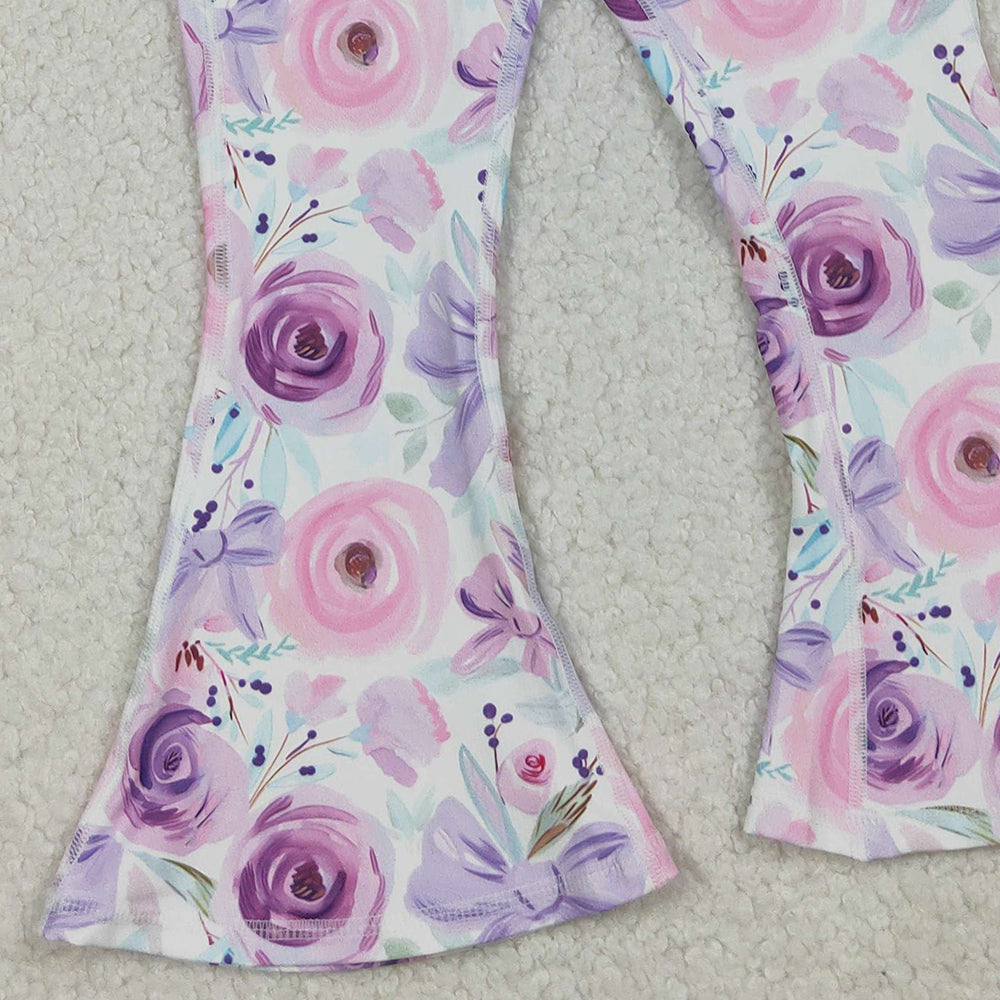 RTS NO MOQ （In stock）P0774 Baby Girls Pants Purple Flower Bows Bell Bottom Yoga Pants