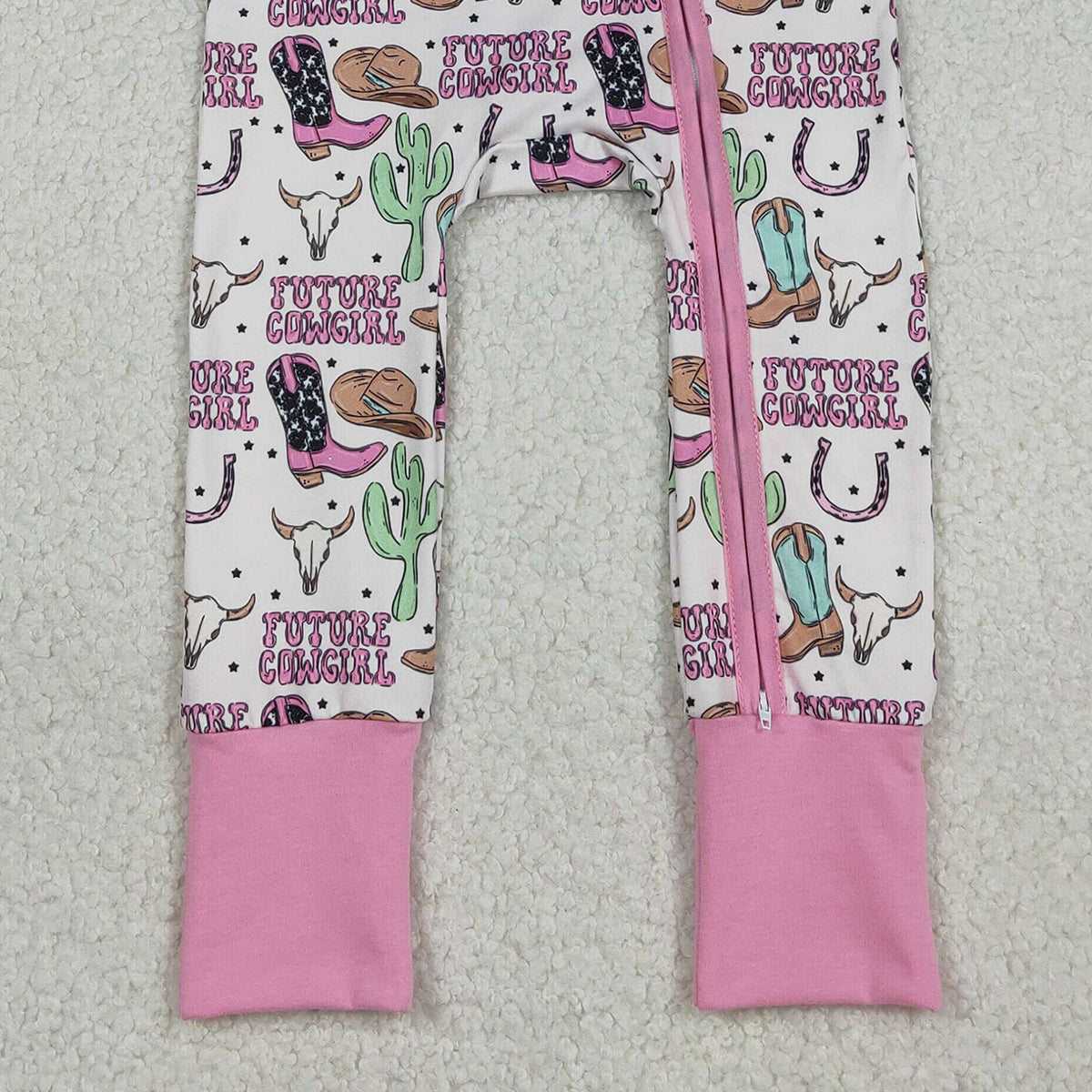 12.30 RTS NO MOQ （In stock）LR2945 Baby Girls Winter Rompers Baby Girls Cactus Cowgirls Western Two Way Zip Convertible Rompers