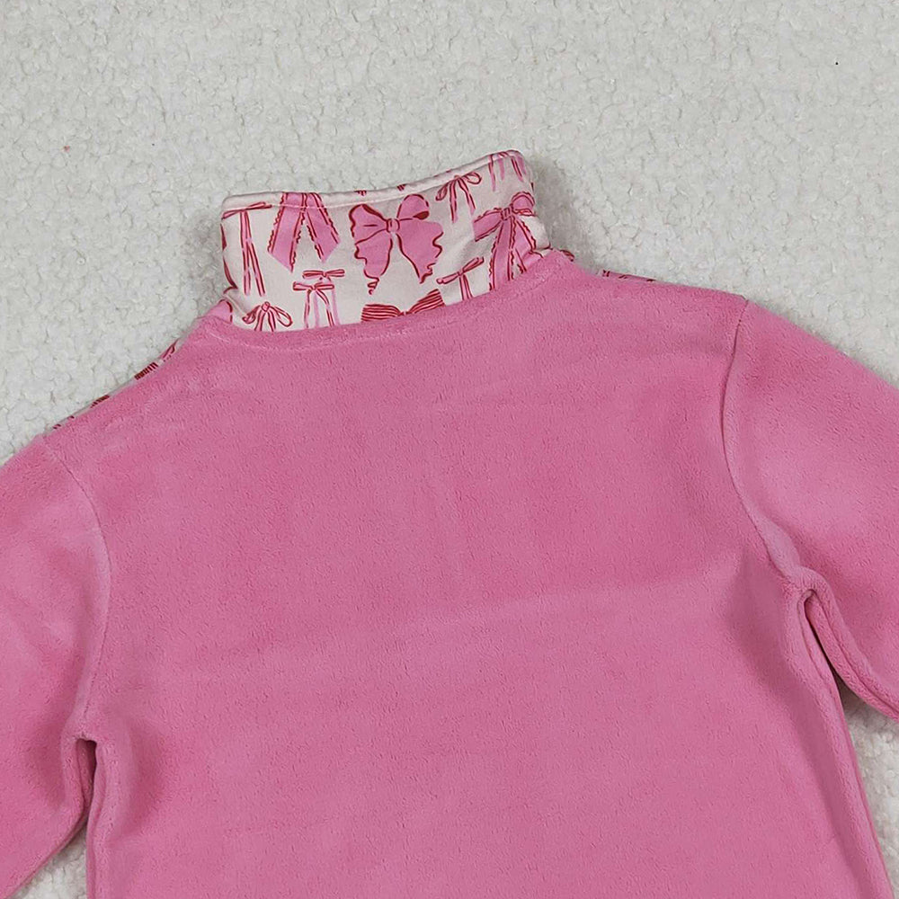 RTS NO MOQ （In stock）GT1149 Baby Girls Long Sleeve Tops Pink Bows Plaid Quatrefoil Zipper Pullover Sherpa Tops