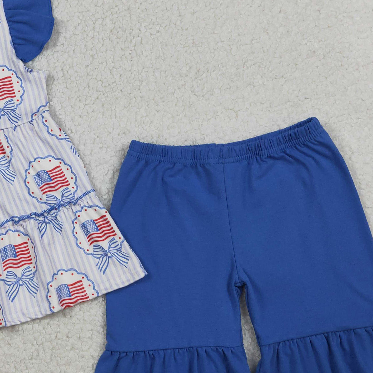 3.28 RTS NO MOQ （In stock）GSSO3296 Flutter sleeves bow flag tunic shorts girls 4th of july set