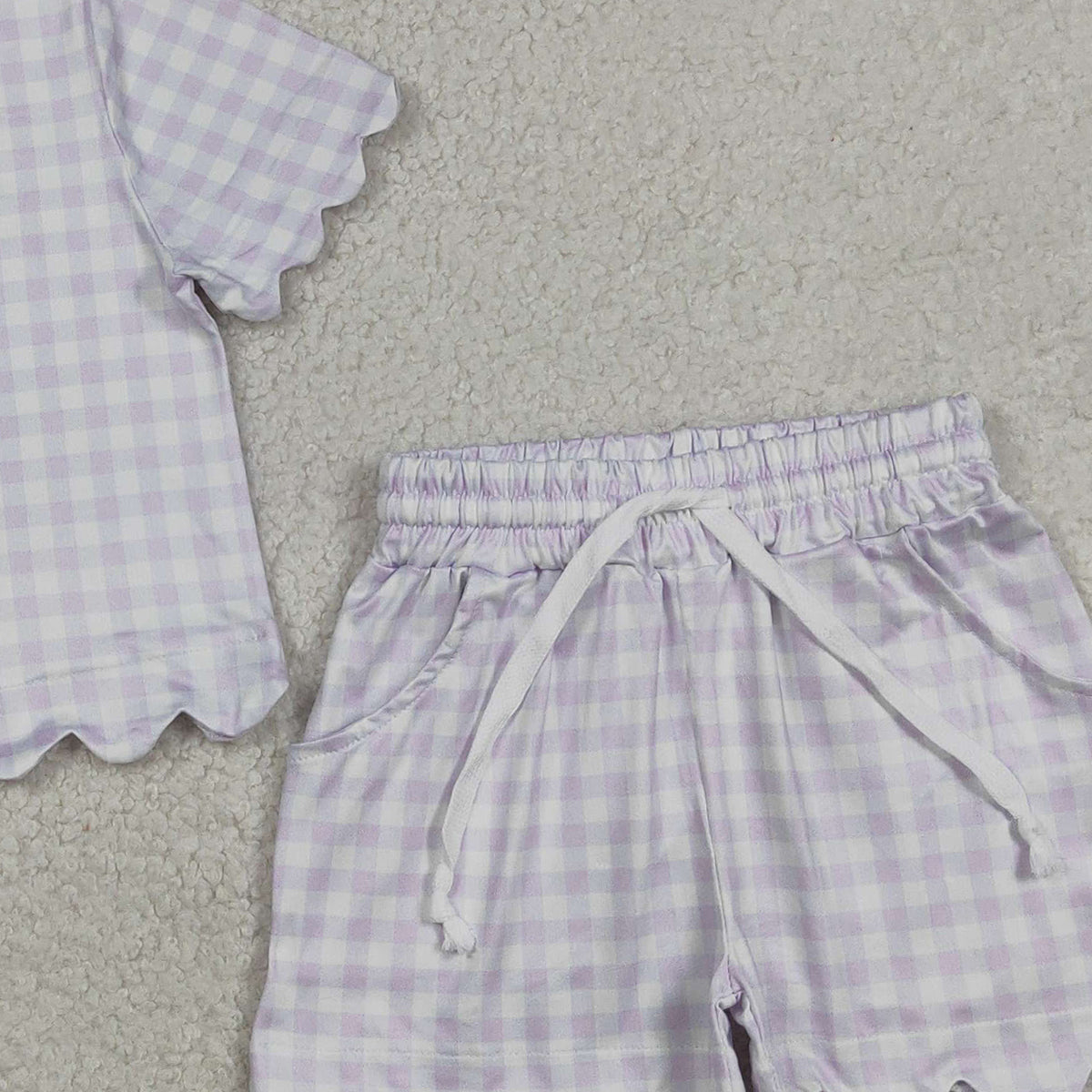3.17 RTS NO MOQ （In stock）GSSO3181 Fashion Clothing For Baby Girls Lavender Checked Shirts Top Scallop Shorts Clothes Sets