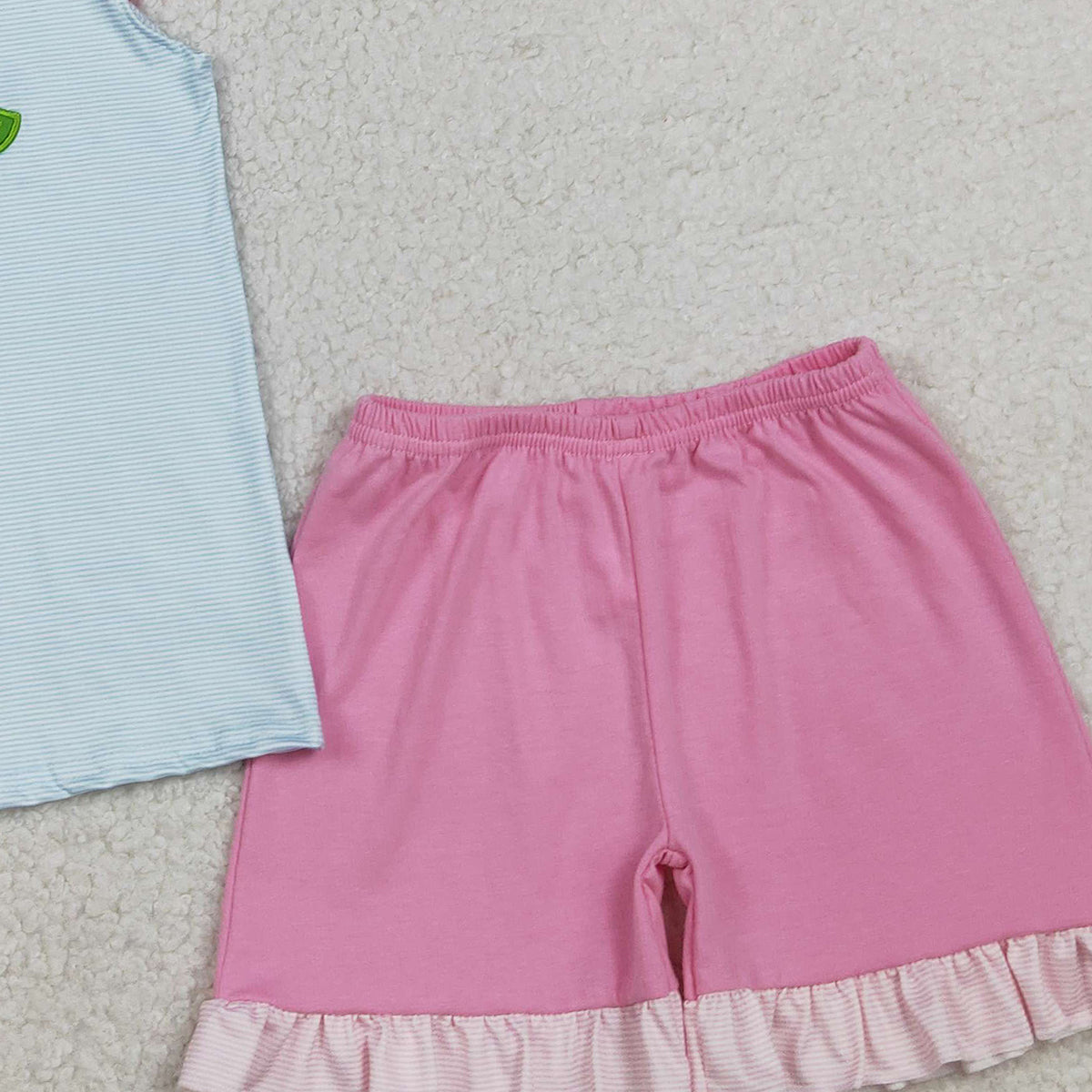 2.9 RTS NO MOQ （In stock）GSSO2991 Kids Clothing for Girls Baby Girls Embroidery Flutter Sleeve Top Ruffle Shorts Clothes Sets