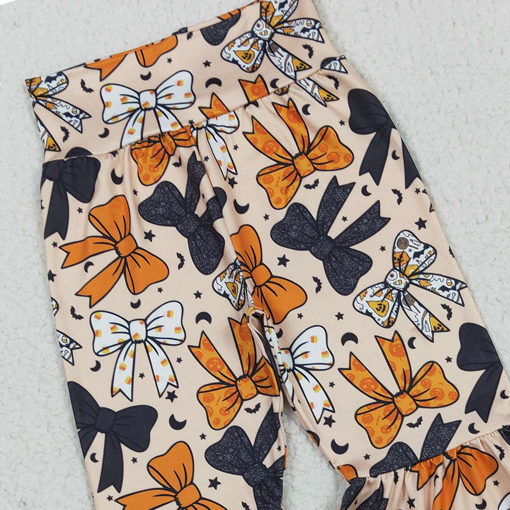RTS NO MOQ （In stock）P0776 Baby Girls Pants Baby Girls Halloween Orange Black Bows Bell Bottom Pants