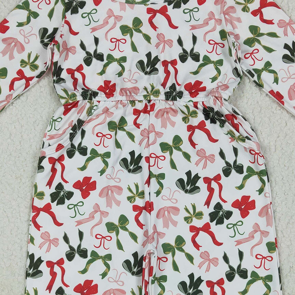 7.10 LR2192RTS NO MOQ Baby Girls Winter Jumpsuits Baby Girls Long Sleeves Colorful Bows Pockets Christmas Jumpsuits