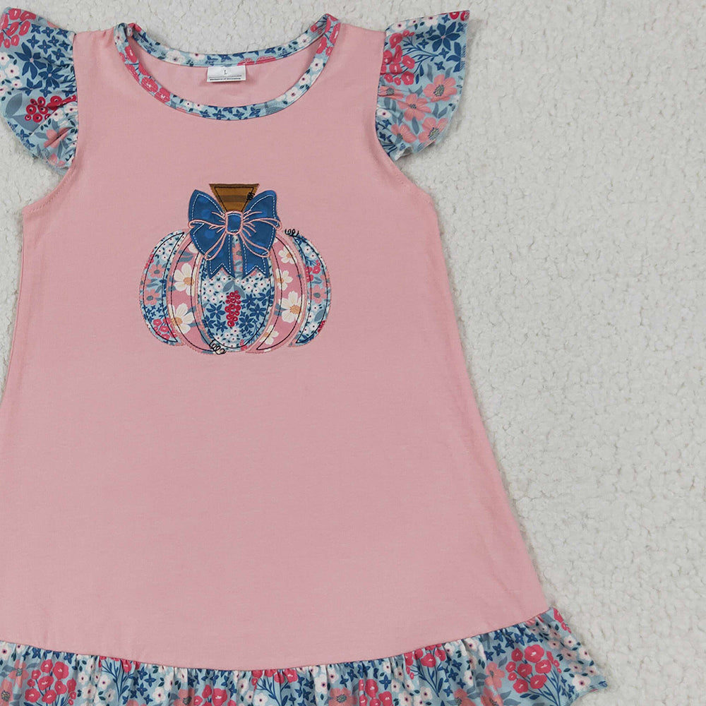 8.15 RTS NO MOQ （In stock） GSD2585 Baby Girls Summer Dress Baby Girls Pink Flutter Sleeves Floral Pumpkin Ruffle Knee Length Dresses