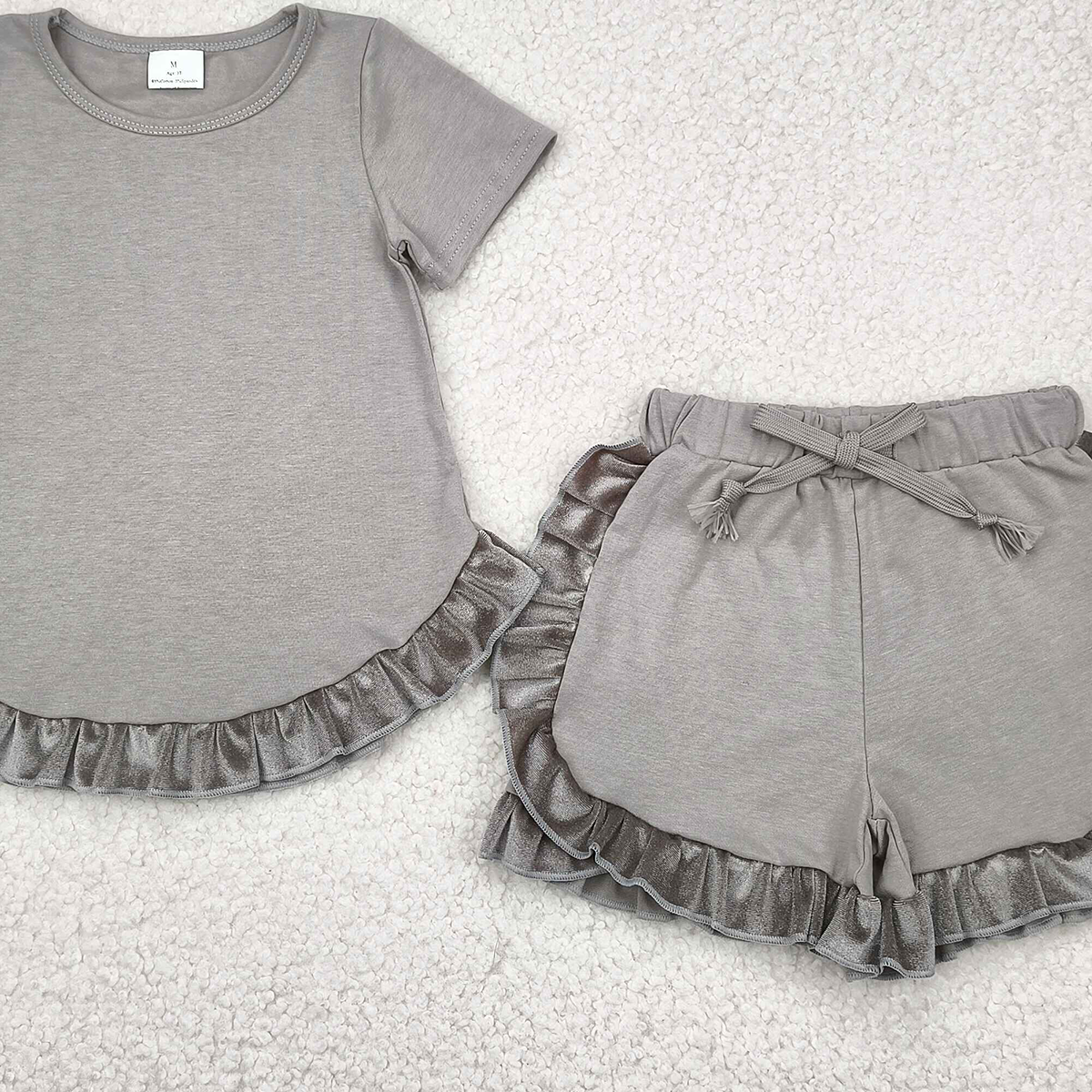 6.21 GSSO2182 RTS NO MOQ Baby Girls Summer Outfits Pure gray green lace short sleeve shorts suit