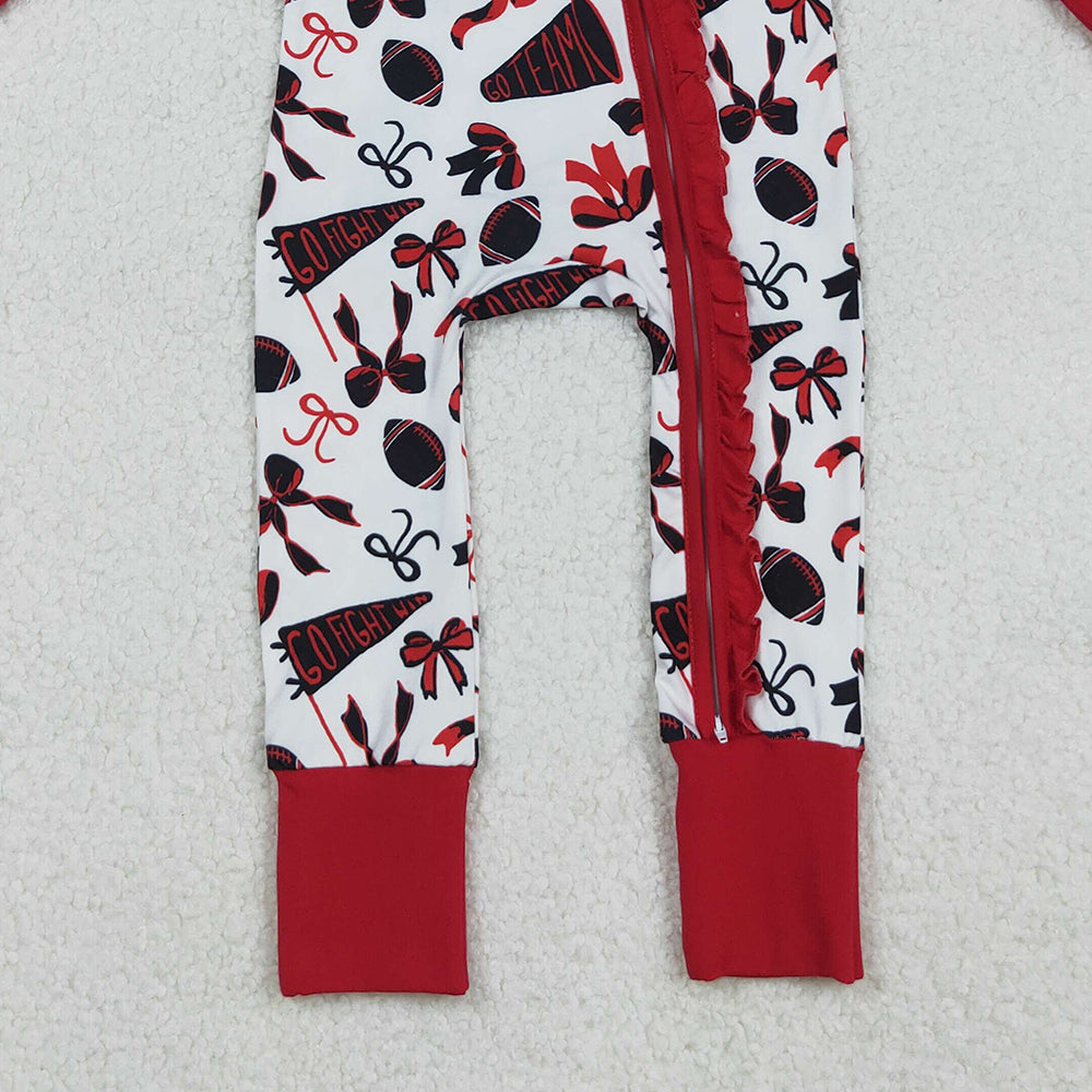 RTS NO MOQ （In stock）LR2512 Baby Girls Winter Rompers Red Bows and Footballs Rompers, Cheer Ruffle, Zipper Team Rompers