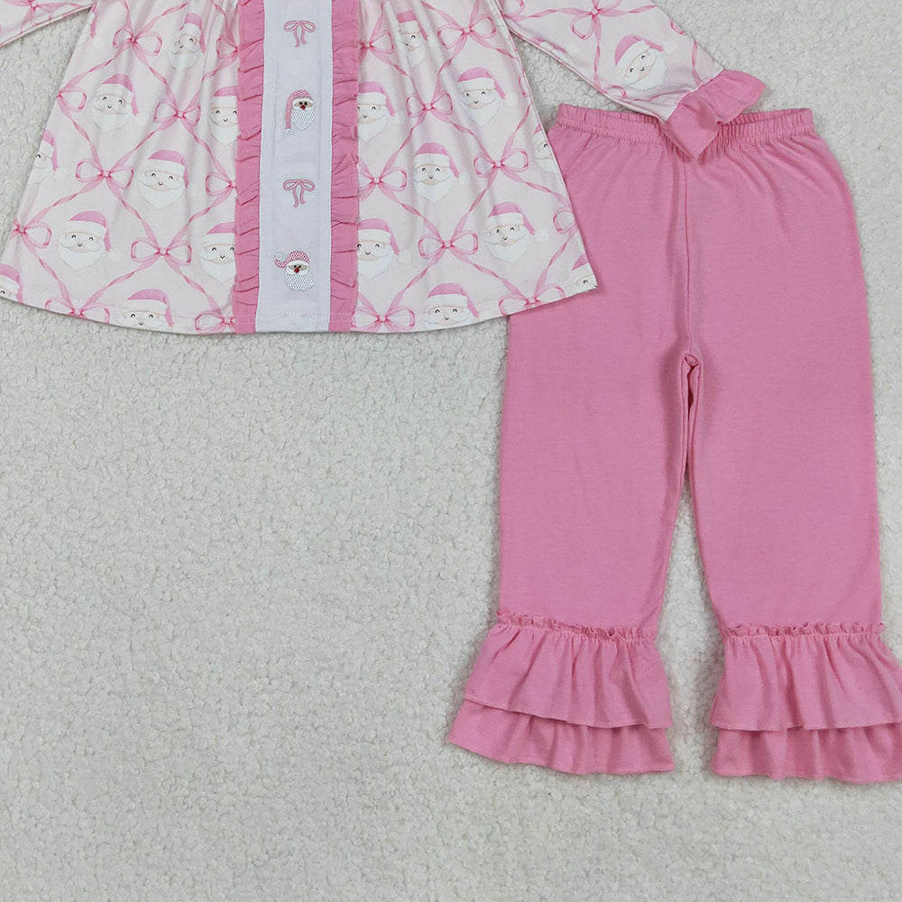 RTS NO MOQ （In stock）GLP2364 Baby Girls Winter Outfits Girls Pink Bow Santa Tunic Romper with Ruffle Pants for Christmas Holiday Outfits