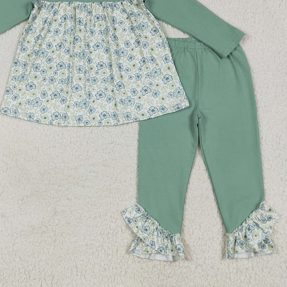 RTS NO MOQ （In stock） GLP2407 Baby Girls Winter Outfits Baby Girls Green Long Sleeves Floral Tunic Ruffle Pants Clothes Sets