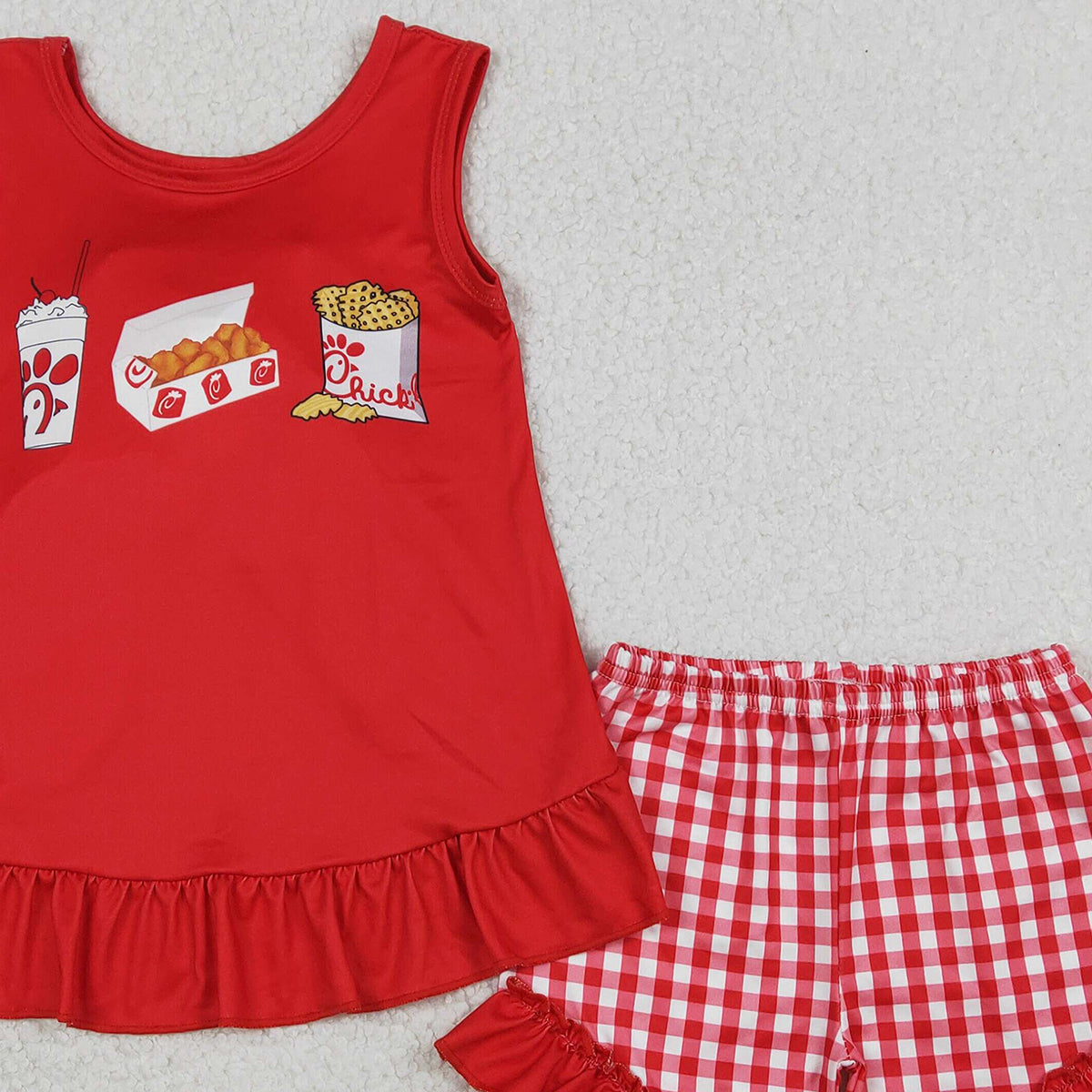 1.16 RTS NO MOQ （In stock）GSSO3009 Baby Girls Chip Chicken Back Bows Tunic Checked Ruffle Shorts Sets