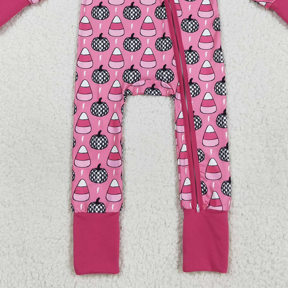 RTS NO MOQ （In stock）LR2467Baby Girls Winter Rompers Baby Girls Fall Pumpkins Candy Zipper Footie Rompers