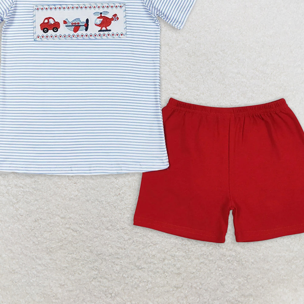 BSSO0649 RTS NO MOQ Baby Boys Summer Boys Outfits Baby Boys Blue Stripes Transpotation Shirt Shorts Clothes Sets