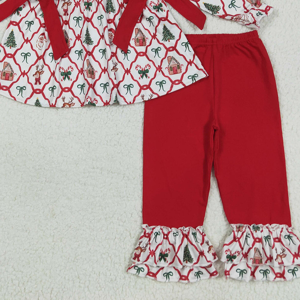RTS NO MOQ （In stock）GLP2525 Baby Girls Winter Outfits Baby Girls Christmas Trees Bows Tunic Ruffle Pants Clothes Sets