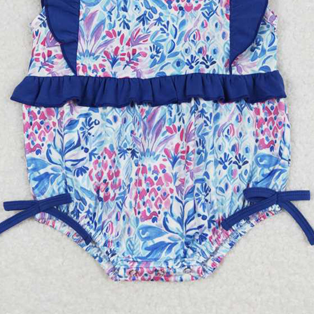 SR1033 New Rts No Moq 8-9 Days By Air Arrived it Flutter sleeves blue floral bow baby girls romper