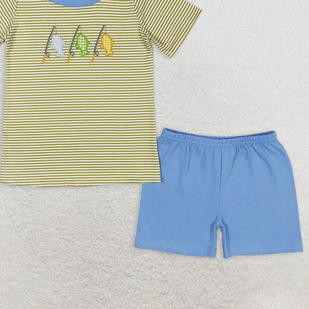 BSSO0732 RTS NO MOQ Baby Boys Summer Boys Outfits Baby Boys Stripes Fishing Short Sleeve Tee Shirts Tops Shorts Clothes Sets