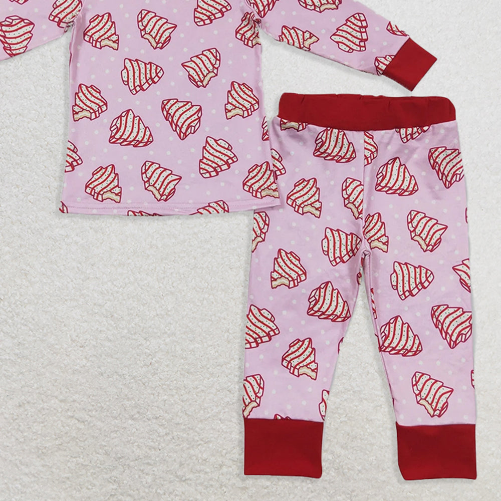 RTS NO MOQ （In stock） GLP0453 Baby Girls Winter Outfits Christmas tree biscuit polka dot pink long sleeve trousers suit