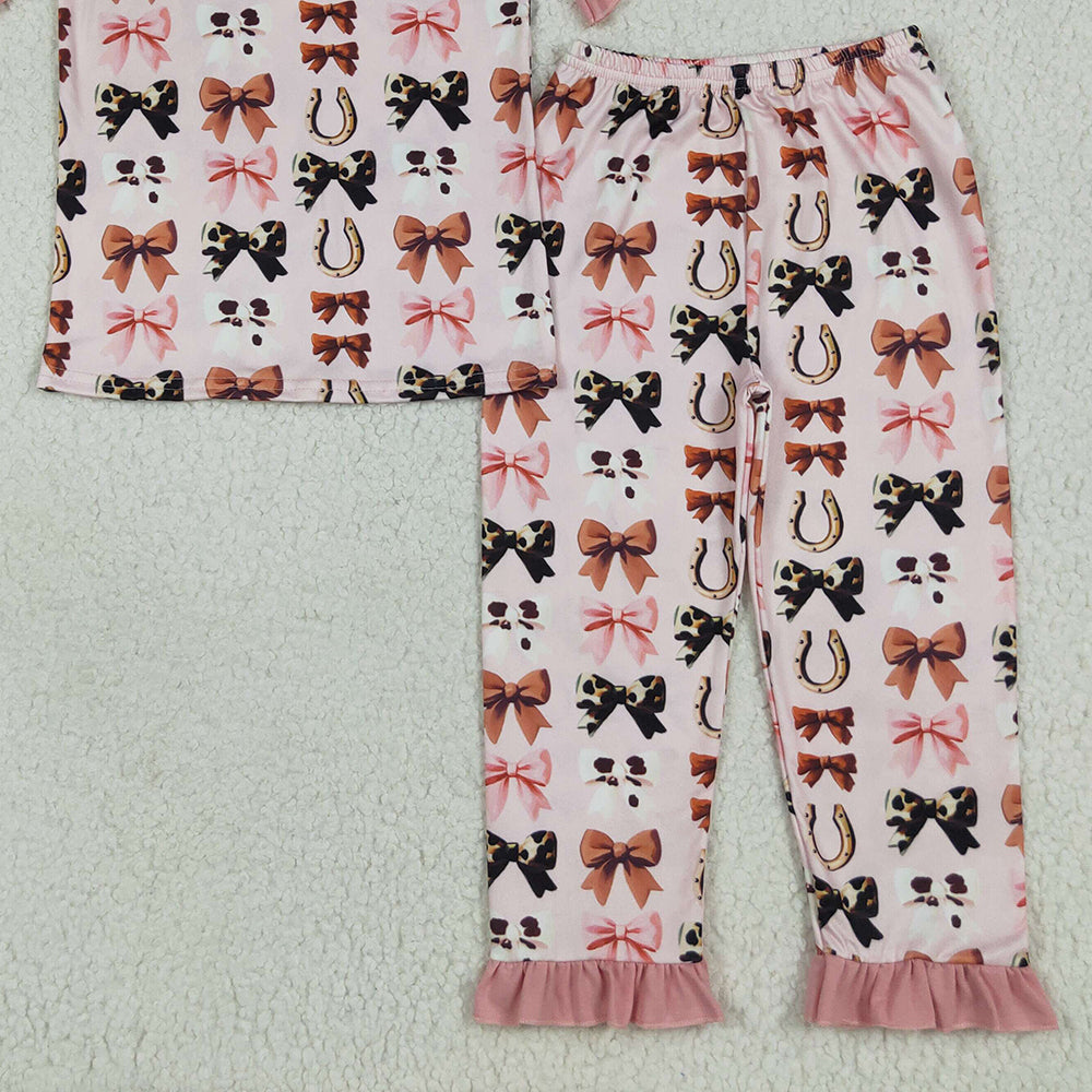 GSPO2035RTS NO MOQ Baby Girls Spring Outfits Baby Girls Pink Short Ruffle Sleeves Bows Horse Shoes Top Pant Pajamas Set