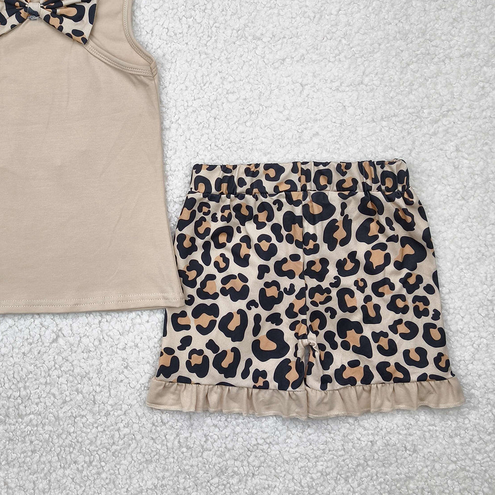7.14 GSSO1603 RTS NO MOQ Baby Girls Summer Outfits Embroidery Baby Girls Khaki Bow Vest Top Leopard Ruffle Shorts Clothes Sets
