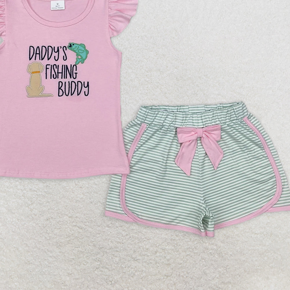 GSSO1673RTS NO MOQ Baby Girls Summer Outfits Pink daddy's fishing buddy top stripe shorts girls clothes