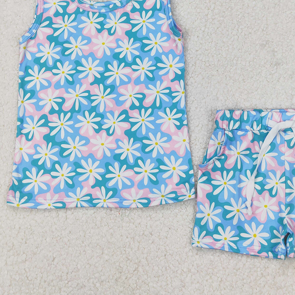 GSSO2262 RTS NO MOQ Sleeveless light blue pink floral baby girls summer outfits