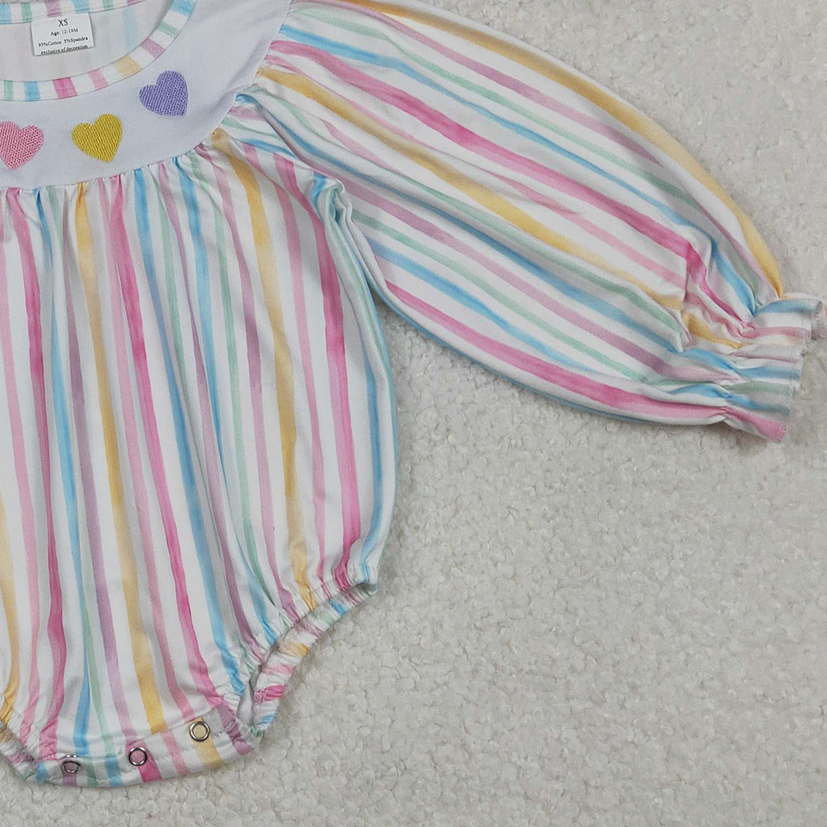 11.6 RTS NO MOQ （In stock）LR2695 Baby Girls Winter Rompers Embroidery Hearts Baby Girls Colorful Stripe Valentine Ruffle Rompers