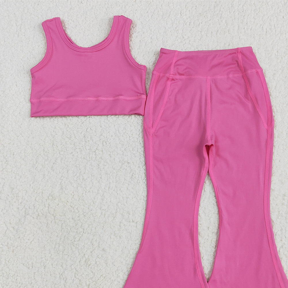 7.16  GSPO2002RTS NO MOQ Baby Girls Yoga Outfits Baby Girls Dark Pink Yoga Vest Bell Bottom Pants Active Wear Clothes Sets