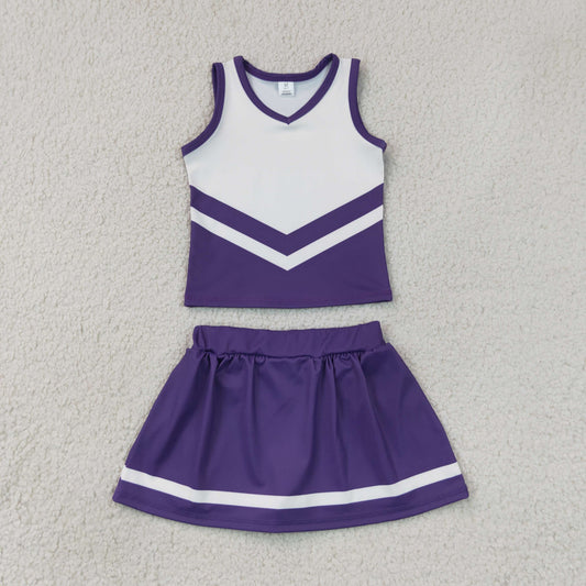 GSD4192  RTS NO MOQ （In stock）Sleeveless white purple top skirt girls team cheer active set