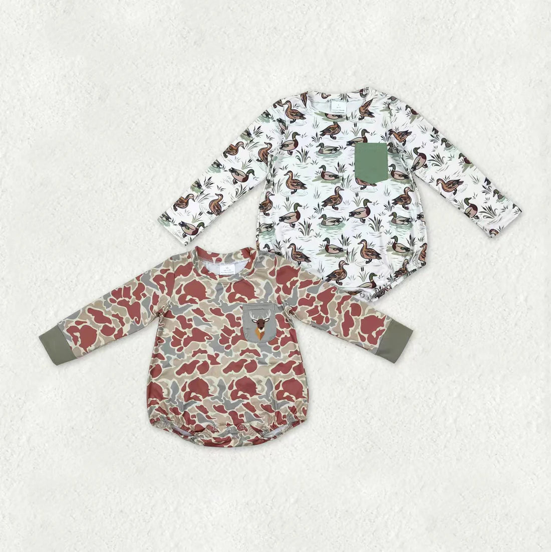 12.2 RTS Sibling Baby Boys Long Sleeve Pockets Ducks Deer Hunting Camo Rompers