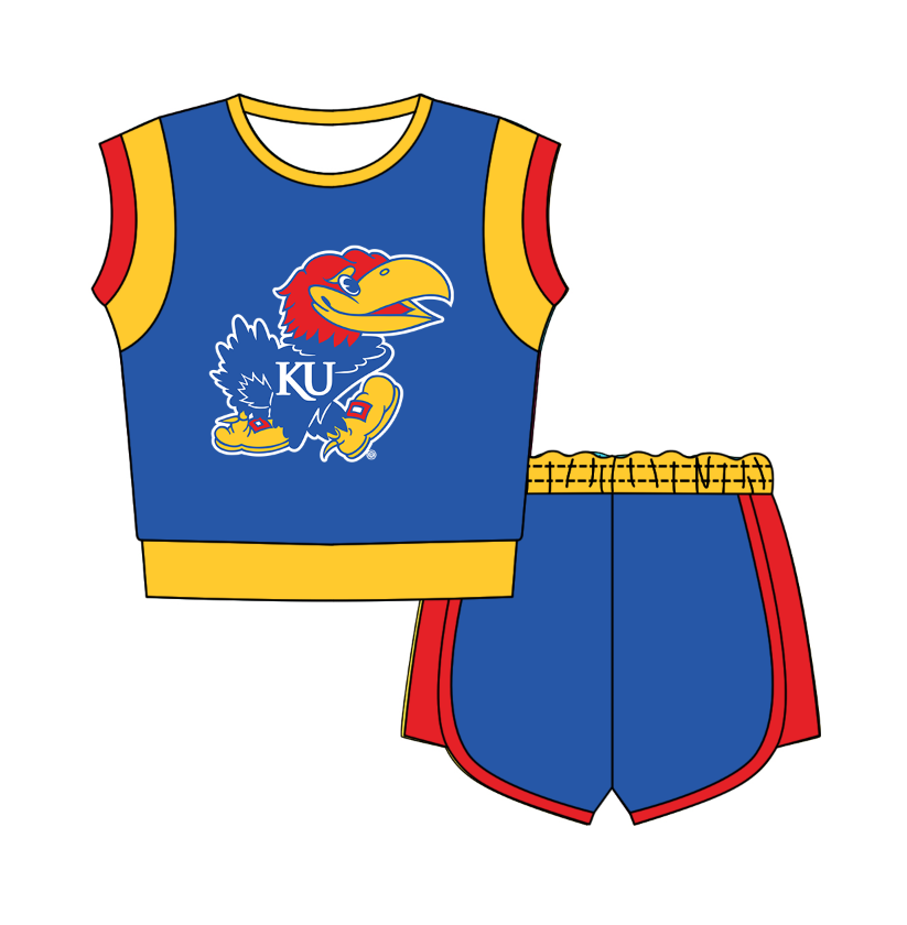 CUSTOM MOQ 5 Cute Comfortable Clothing For Kids Baby Kids Summer Blue Sleeveless Patchwork Top Shorts Clothes Sets