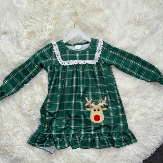 10.30 RST GLD0561 Embroidery Deer Baby Girls Green Checkered Christmas Knee Length Dresses