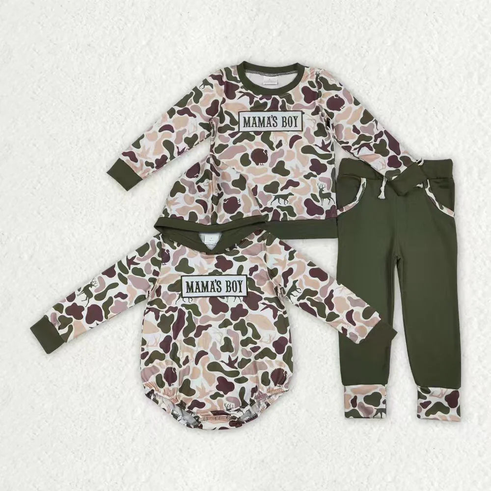 12.5 RTS Sibling Baby Boys Embroidery Mama's Boy Dog Ducks Deer Camo Pockets Pant Clothes Sets Hoodie Romper