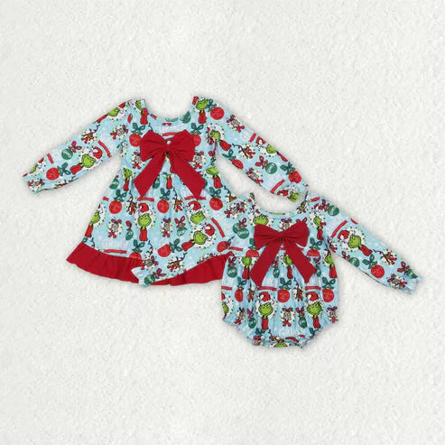 9.17 RTS Sibling Baby Girls Green Faces Miss Lights Bows Ruffle Christmas Knee Length Dresses Rompers