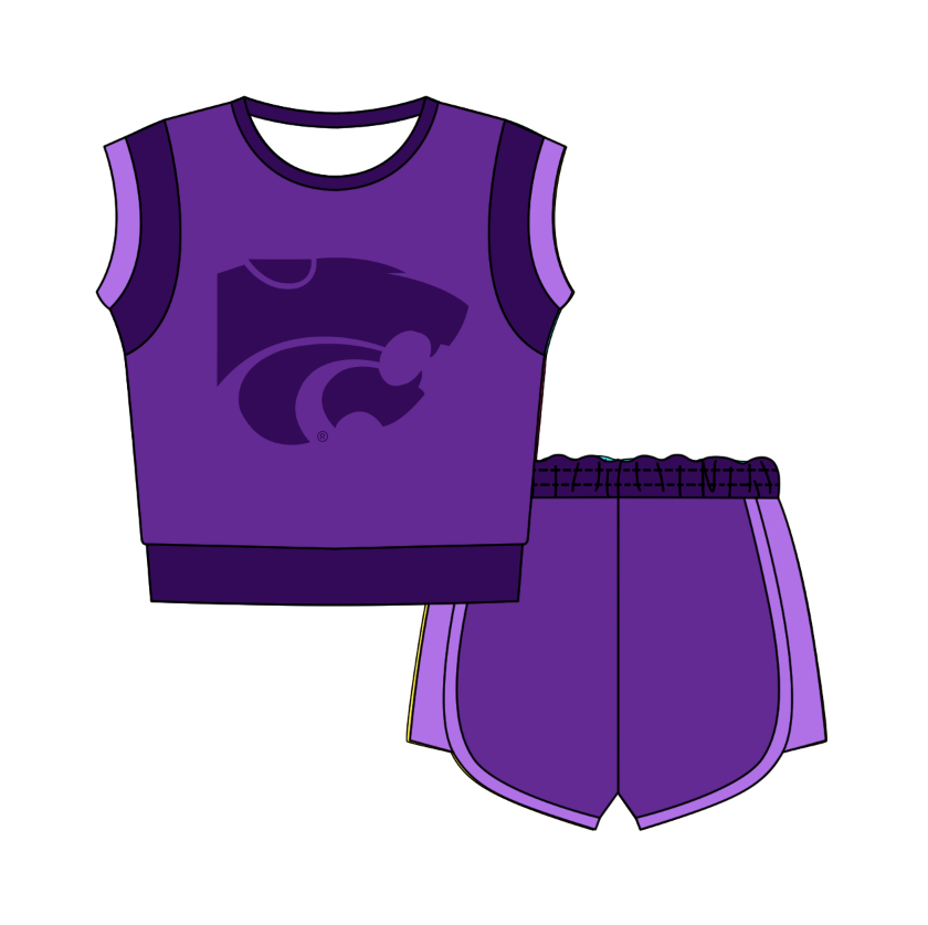 CUSTOM MOQ 5 Cute Comfortable Clothing For Kids Baby Kids Summer Purple Sleeveless Patchwork Top Shorts Clothes Sets