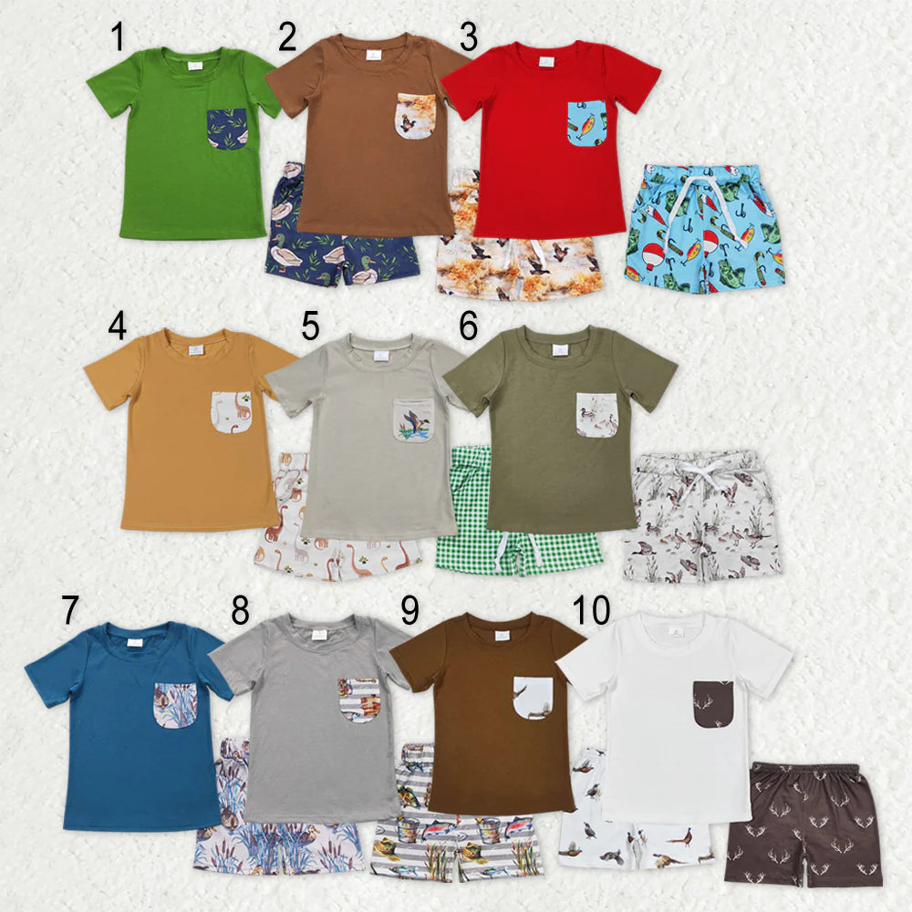 12.19 RTS Sibling Baby Boys Short Sleeve Dogs Ducks Fishing Pocket Top Shorts Hunting Clothes Sets