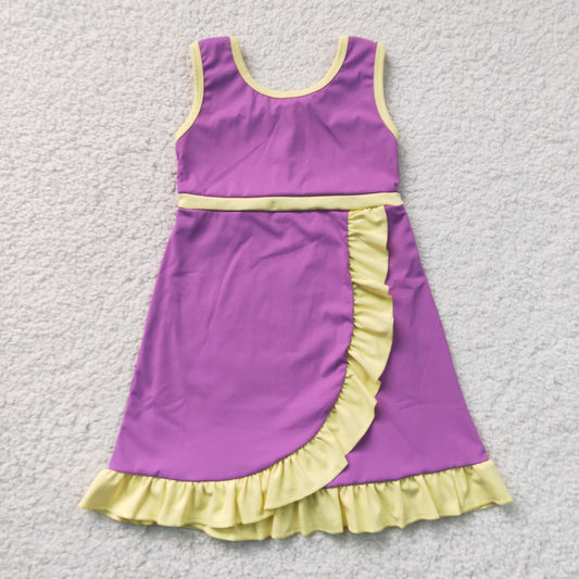 GSD4147  RTS NO MOQ （In stock）Sleeveless purple yellow scallop kids girls team athletic dress